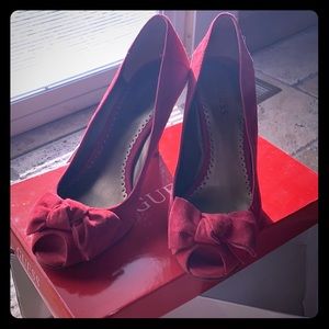Guess Red suede wedge bow heels